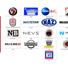 Kolekcja logotypów marek samochodów na literę N: Nagant, NAMCO, Nanjing Automobile, Nasr, National, Neoplan, Neorion, Neri & Bonacini, NEVS, NH Buchanan Motor Co, Nikola, Nismo, Nissan, Noble, Norsk Automobil & Vagnfabrik AS, Nota, NSU, NIO.