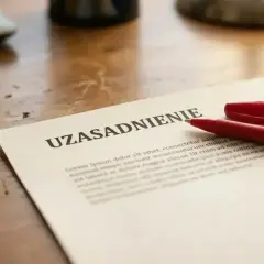 Czerwony długopis obok dokumentu z nagłówkiem "UZASADNIENIE" sugeruje przygotowanie do formalnego rozwiązania umowy o pracę.