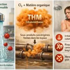 L'eau du robinet, désinfectée au chlore, peut réagir avec la matière organique, formant des THM. Ces sous-produits cancérigènes dans l'eau peuvent causer des irritations et altérer le goût.