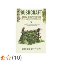 Manual de bushcraft con técnicas de supervivencia en la naturaleza. Ilustra un refugio rústico.