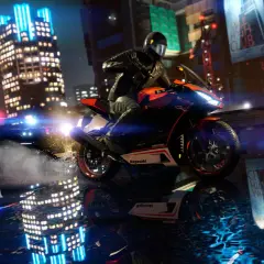 Motocyklista ścigany przez policję w nocnym mieście. Ulepszona grafika GTA V z neonami i odbiciami.