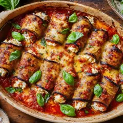 Délicieux gratin d'aubergine roulée, garnie de ricotta et baignant dans une sauce tomate savoureuse, parsemé de feuilles de basilic frais.