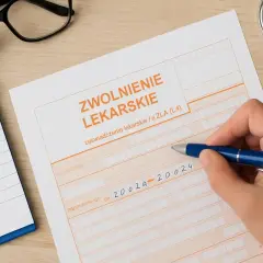 Dłoń pisze długopisem na druku zwolnienia lekarskiego obok kalendarza i okularów.