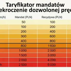 Taryfikator mandatów za przekroczenie prędkości: od 50 zł i 1 punktu za jazdę do 10 km/h za szybko, do 2500 zł i 15 punktów za jazdę powyżej 70 km/h za szybko.