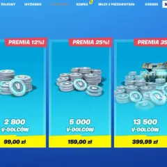 Kup V-dolce w Fortnite, aby zdobyć przedmioty kosmetyczne. Dostępne pakiety z premią, np. 13500 V-dolców z bonusem 35%.