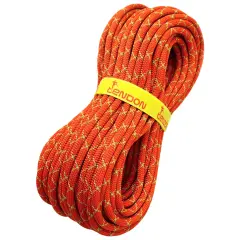 Pomarańczowa lina wspinaczkowa z żółtą opaską z logo Tendon.