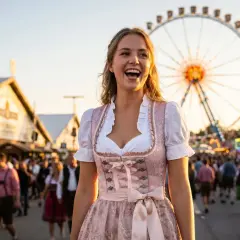 Uśmiechnięta kobieta w różowym dirndlu, tradycyjnej bawarskiej sukience, na tle wesołego miasteczka.