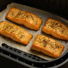 Quattro filetti di salmone dorati e conditi, pronti per essere gustati, appena usciti dalla friggitrice ad aria.