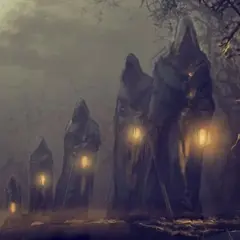 Figuras encapuchadas con faroles iluminan un camino boscoso, evocando una **leyenda gallega** de misterio y ultratumba.