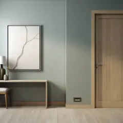 Drewniane drzwi wewnętrzne, proste i eleganckie, pasują do nowoczesnego wnętrza. Obok konsola z lampą i obrazem.