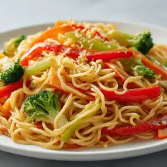 Buntes Mie Noodles Rezept mit Brokkoli, Paprika und Karotten, garniert mit Sesam. Ein schnelles und gesundes Gericht.