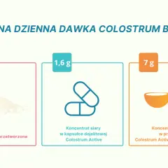 Zalecana dzienna dawka colostrum bovinum: 15g nieprzetworzonego, 1,6g w kapsułkach lub 7g w proszku.