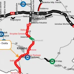 Mapa dróg z zaznaczoną trasą Via Carpatia, w tym odcinkiem S19 Miejsce Piastowe - Dukla. Widoczne miasta: Rzeszów, Krosno, Przemyśl.