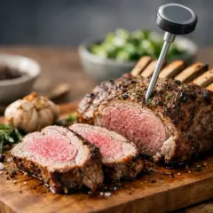 Perfekt gebratenes Lammkarree mit rosa Kern, ein Thermometer prüft die Kerntemperatur. Daneben liegen Knoblauch und Rosmarin.