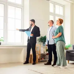 Agente inmobiliario explica a pareja cuánto dura una tasación, señalando la luz natural de la vivienda.
