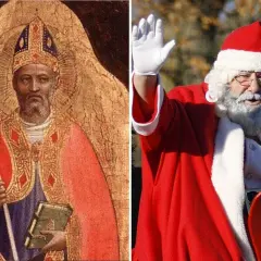 Święty Mikołaj, historyczny gwiazdor i jego współczesny odpowiednik, wesoły staruszek w czerwonym stroju, pozdrawiający z rydwanu.