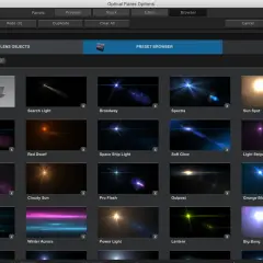A browser window displays various optical flares presets for After Effects, including "Sun Spot," "Broadway," and "Big Bang.