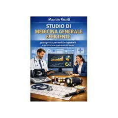 Medico e impiegata studio medico collaborano per una gestione efficiente. Sul tavolo, ecografo, stetoscopio e grafici.
