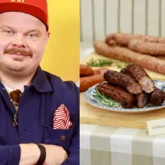 Jaka kiełbasa do żurku? Na zdjęciu mężczyzna w czerwonej czapce i obok talerz z pieczoną kiełbasą, idealną do żurku.