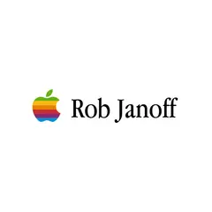 The iconic rainbow Apple logo, designed by Rob Janoff, next to his name.