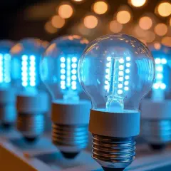 Rząd niebieskich żarówek LED, każda z kilkunastoma diodami, świeci jasno. Zastanawiasz się, ile lumenów ma słońce? Te żarówki to tylko namiastka jego blasku.