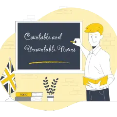 Nauczyciel pisze na tablicy "Countable and Uncountable Nouns". Obok flagi Wielkiej Brytanii i książek leży roślina.