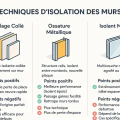 Comparaison de techniques d'isolation des murs : collage de plaques, ossature métallique pour pose placo, et isolant mince.