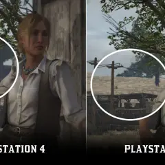 Porównanie grafiki Red Dead Redemption 2 na PS4 i PS5. Widoczna poprawa detali i ostrości w wersji na PS5.