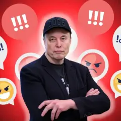 Elon Musk w czapce z napisem DOGE otoczony dymkami z wykrzyknikami i symbolami, jakby ktoś pytał "grok co to".