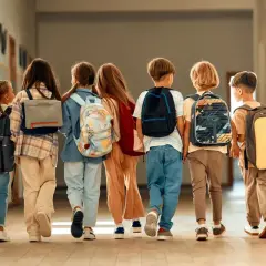 Dzieci z plecakami idą korytarzem. Czas na wystawienie ocen na 1 semestr!