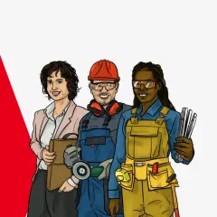 Drei lächelnde Personen, die verschiedene Berufe repräsentieren, stehen nebeneinander. Sie sind stolze Mitglieder der IG Metall.