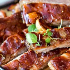 Soczyste żeberka w sosie BBQ, idealne do pieczenia, aby były miękkie. Podane z ziołami.