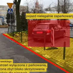 Czerwony obszar pokazuje, ile metrów od skrzyżowania można parkować. Pojazd stoi na zakazanym obszarze.