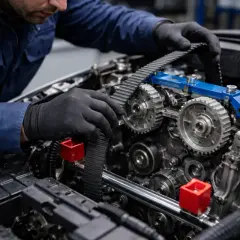 Mécanicien ajustant la courroie de distribution d'un moteur. Obtenez le meilleur tarif changement chaîne de distribution pour votre véhicule.
