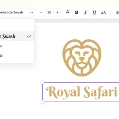 Edytor tekstu z menu wyboru czcionki, gdzie widoczny jest **znak wodny** "Berkshire Swash". Obok logo lwa i napisu "Royal Safari".