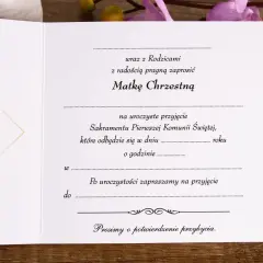 Zaproszenie na uroczyste przyjęcie Sakramentu Pierwszej Komunii Świętej. Wzór zaproszenia dla Matki Chrzestnej.