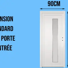 Porte d'entrée blanche avec une fenêtre, mesurant 90 cm de large et 215 cm de haut. C'est la norme dimension porte d'entrée.