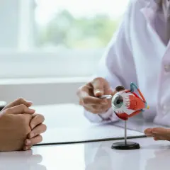 Lekarz pokazuje pacjentowi model oka, omawiając zapalenie spojówek i domowe sposoby leczenia.