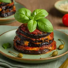 Ein gestapeltes Parmigiana di melanzane mit Basilikum, Kapern und Tomaten auf einem grünen Teller.