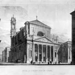 La chiesa di San Filippo Neri a Torino, con la sua imponente facciata colonnata e il campanile svettante, vista da una strada cittadina con figure e una carrozza.