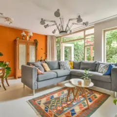 Jasny salon z drewnem, pomarańczową ścianą i szarą kanapą. Kolorowy dywan i dużo zieleni.