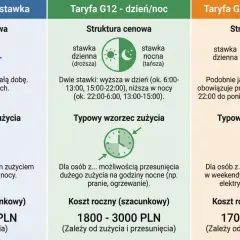 Porównanie taryf prądu: G11, G12, G12w. Ikony domu, słońca i księżyca, zegara, kalendarza.