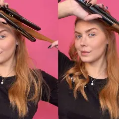 Kvinnan lockar sitt korta, blonda hår med en plattång för att skapa mjuka vågor.