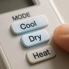 Doigt appuyant sur le bouton "Dry" d'une télécommande, choisissant entre clim cool ou dry pour un confort optimal.