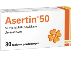 Opakowanie leku Asertin 50 mg, zawierające 30 tabletek powlekanych z sertraliną.