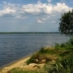 Spokojny, szeroki dzierżno duże z piaszczystym brzegiem i drzewem na pierwszym planie. Na horyzoncie las i kominy.
