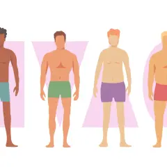 Quatre silhouettes masculines illustrent différentes morphologies homme, allant du svelte au corpulent, chacune entourée d'une forme géométrique.
