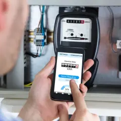 Zdalny odczyt licznika energii elektrycznej za pomocą smartfona. Na ekranie telefonu widoczny jest aktualny stan licznika.