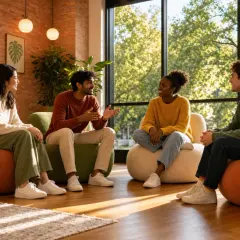 Quattro amici si riuniscono per fare il punto della situazione in inglese, seduti su comode poltrone davanti a una grande finestra.