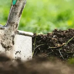 Schaufel steckt im Erdreich, bereit für die Gartenarbeit. Kein Beet wird hier umgegraben, nur die Erde wird gelockert.